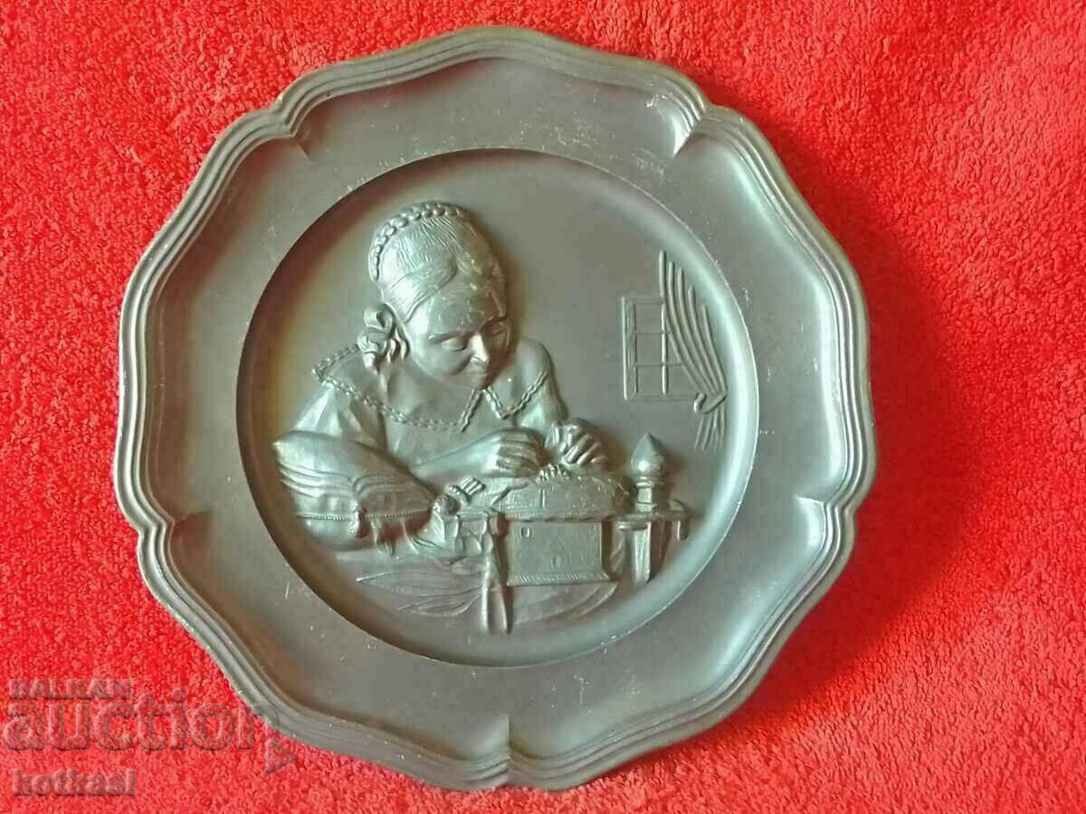 Old Solid Metal Wall Plate Marked Germany Woman