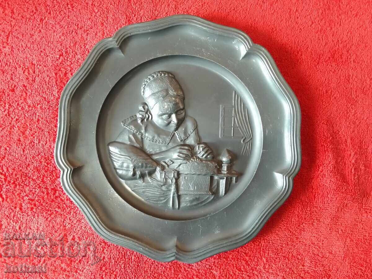Old Massive Metal Plate Marked Germany Woman Seamstress Old Massive Metal Plate Marked Germany Woman Seamstress