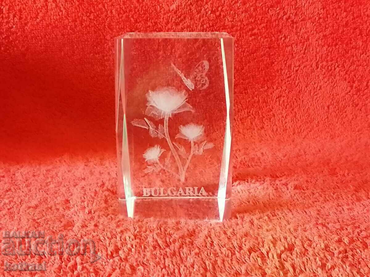 Стар стъклен кристален сувенир България земя на розите Кутия
