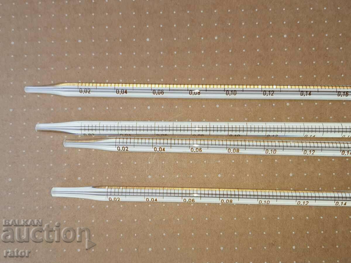 Laboratory glassware. Graduated pipettes 0.2 cubic cm 4 pieces with price 10.00 BGN | € 5.11 Laboratory glassware. Graduated pipettes 0.2 cubic cm 4 pieces with price 10.00 BGN | € 5.11