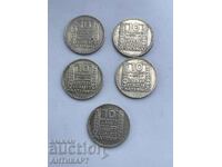 #1  5 бр. сребърна монета 10 франка Франция 1929,30,32,33,34