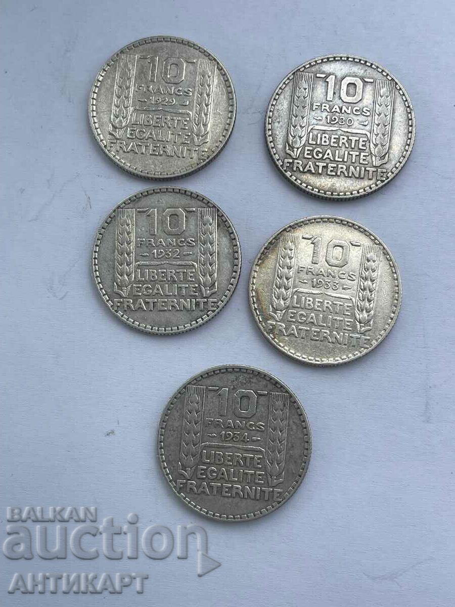 #2  5 бр. сребърна монета 10 франка Франция 1929,30,32,33,34