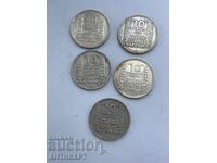 #2  5 бр. сребърна монета 10 франка Франция 1929,30,32,33,34