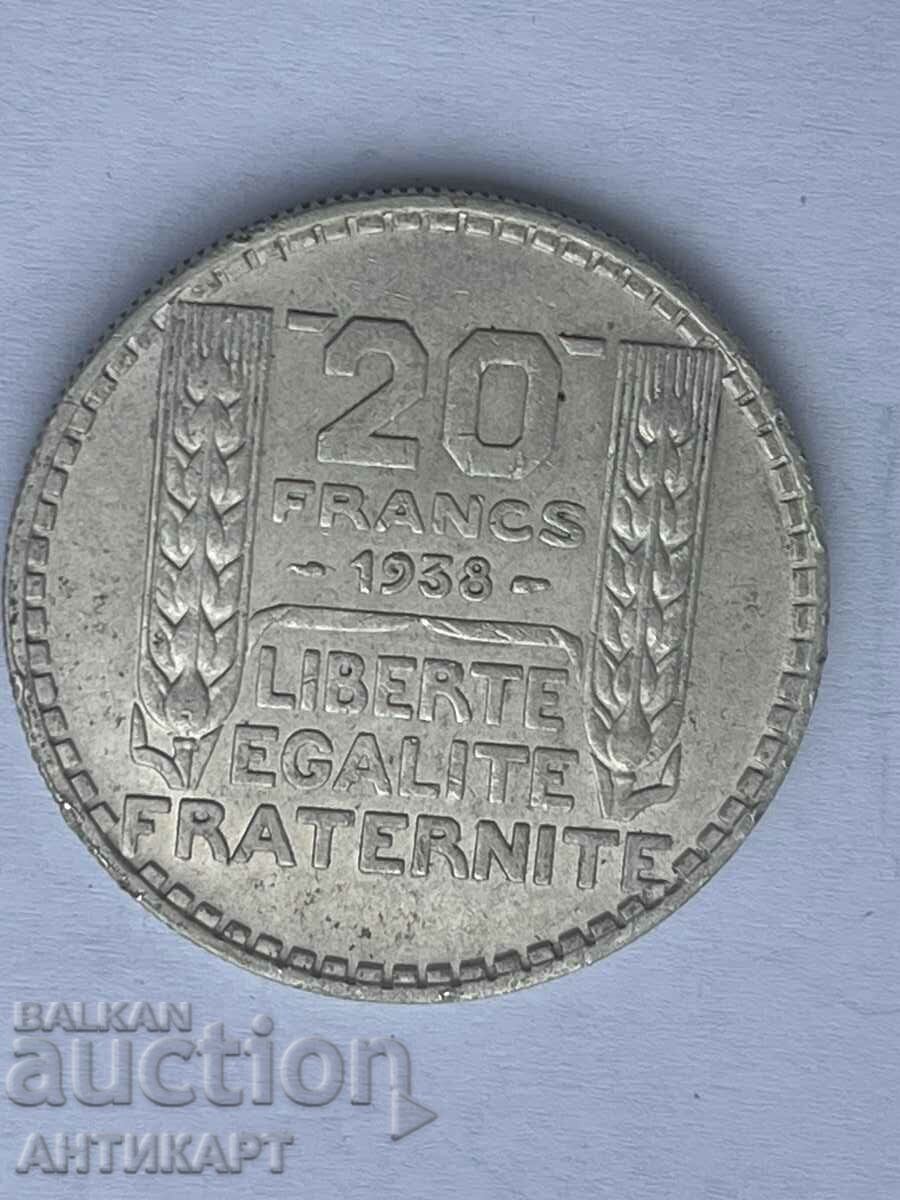silver coin 20 francs France 1938 silver