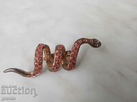 Old vintage brooch Snake, garnet, gilding