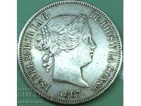 Spania 2 Escudos 1867 Madrid Isabel II 25,98g argint - rar