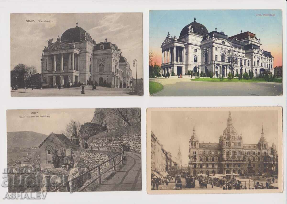 Австрия  Грац   4 Old Post card пътували 1913-15