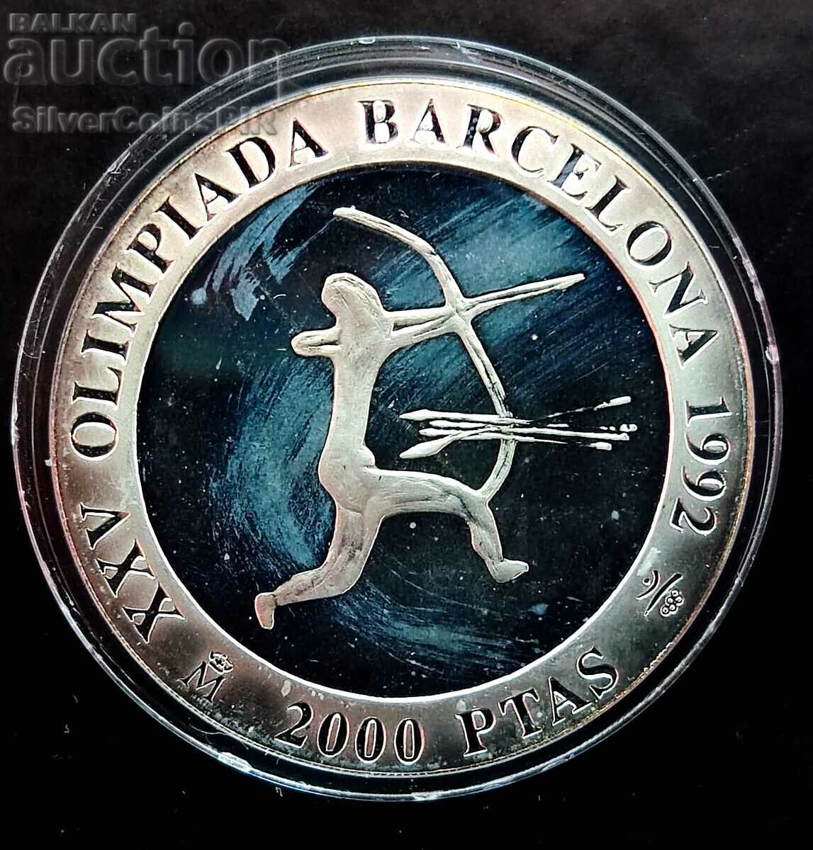 Silver 2000 Pesetas Bow Olympiad 1990 Spain