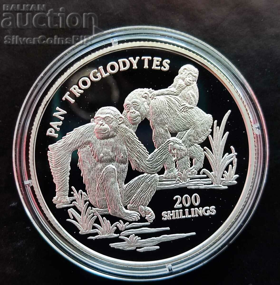 Silver 200 Shilling Chimpanzee African Fauna 1999 Tanzania