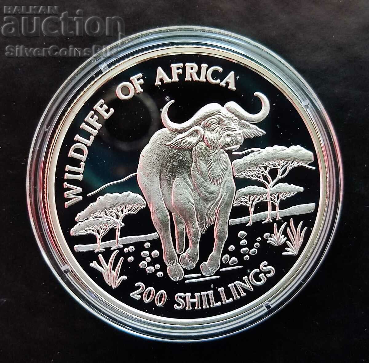 Сребро 200 Шилинга Бивол Африканска Фауна 1997 Танзания
