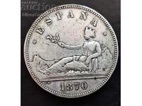 Silver 5 Pesetas 1870 Spain