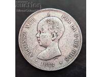 Silver 5 Pesetas 1888 Spain