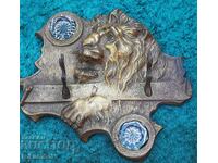Old bronze inkstand with embossed lion's head