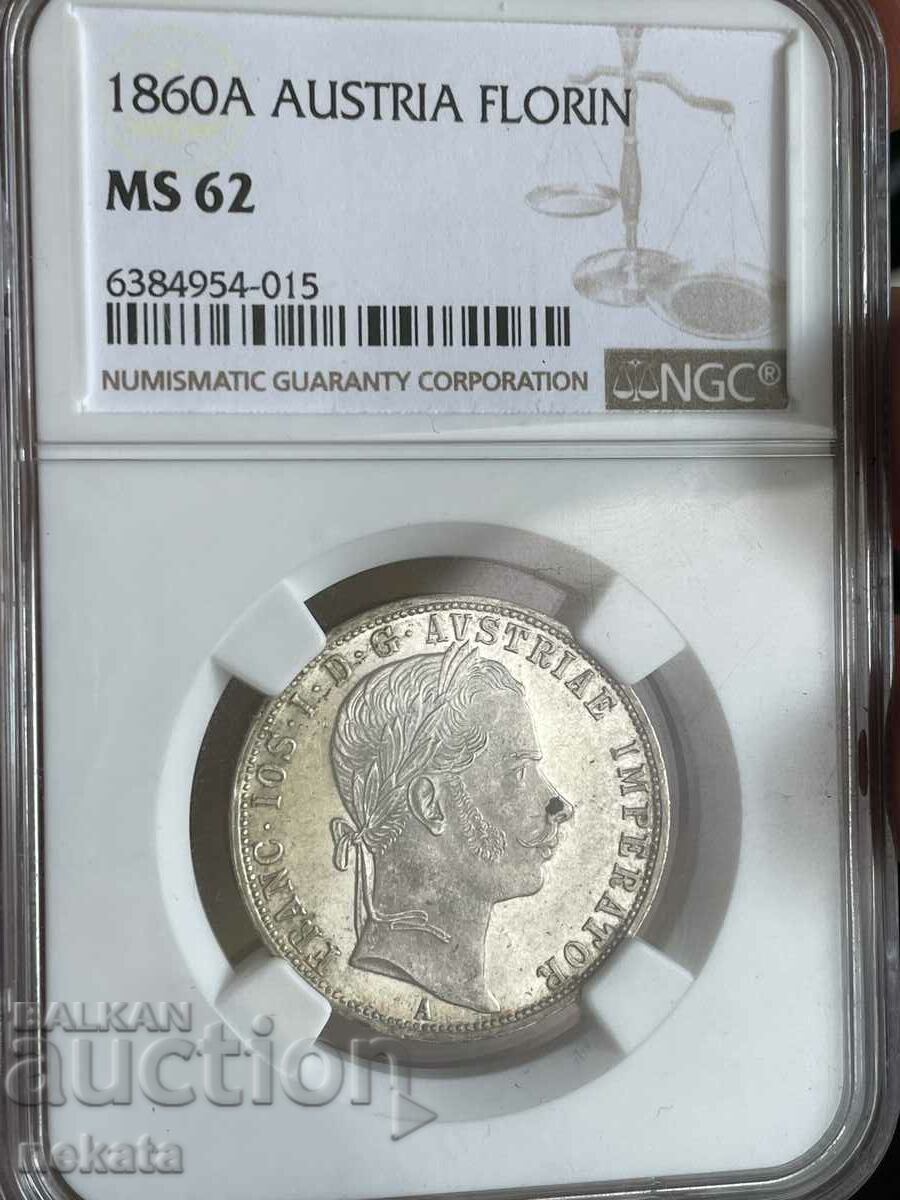 1 Флорин А 1860 г., Сребро, Австрия - MS62 NGC