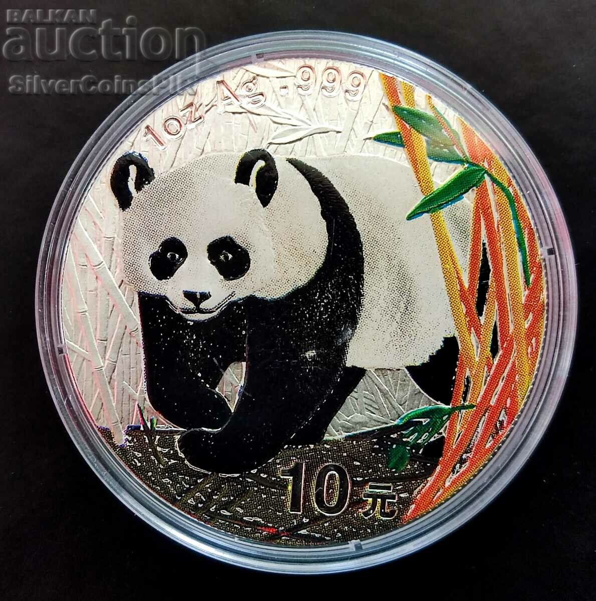 Argint 1 oz China Panda 2002 versiunea color 10 yuani