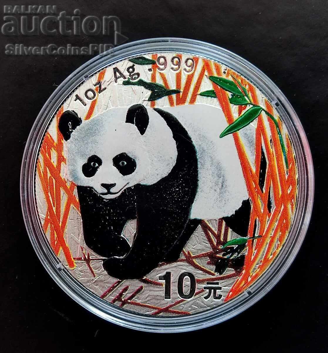 Argint 1 oz China Panda 2001 Versiune color 10 yuani