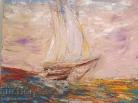 Ελαιογραφία, ναυτική ζωγραφική «Φωτιά, θαλασσινό ηλιοβασίλεμα/40/50/cert