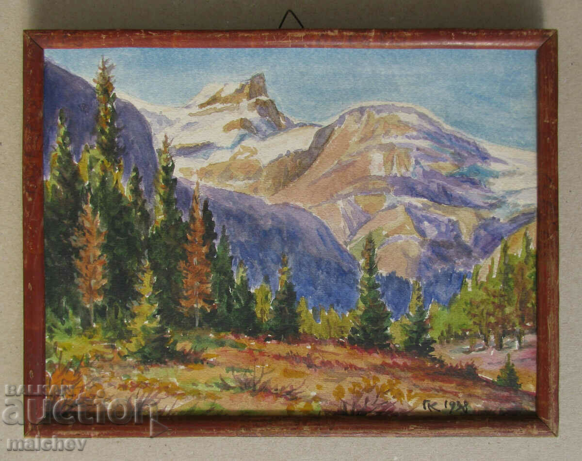 Pictură acuarelă Peisaj montan 1938, G.K., înrămat