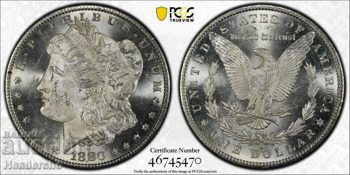 1$ Морган долар 1880-S САЩ (сребро) PCGS MS 63