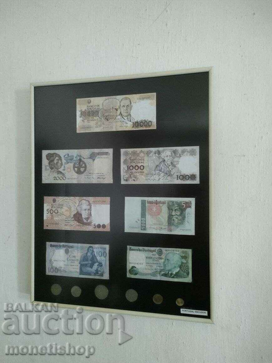Πάνελ με τραπεζογραμμάτια και κέρματα από την Πορτογαλία