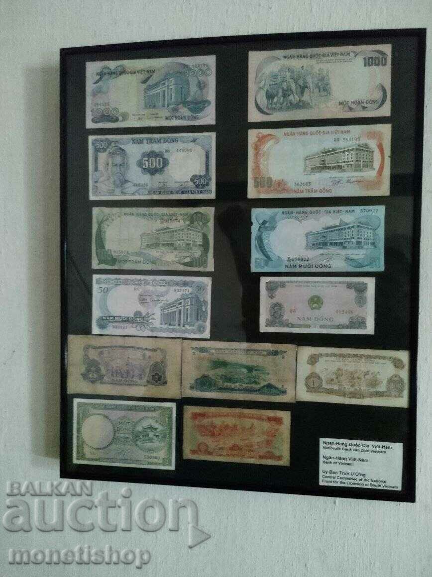 Пано с 13 банкноти и монети + UNC