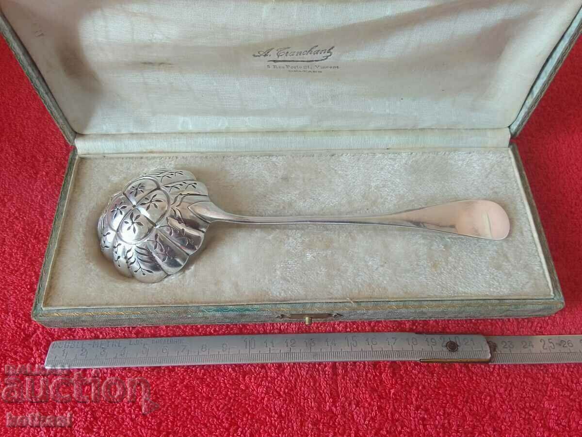 Old silver-plated Christofle strainer spoon, France hallmark with price 165.50 BGN | € 84.62 Old silver-plated Christofle strainer spoon, France hallmark with price 165.50 BGN | € 84.62