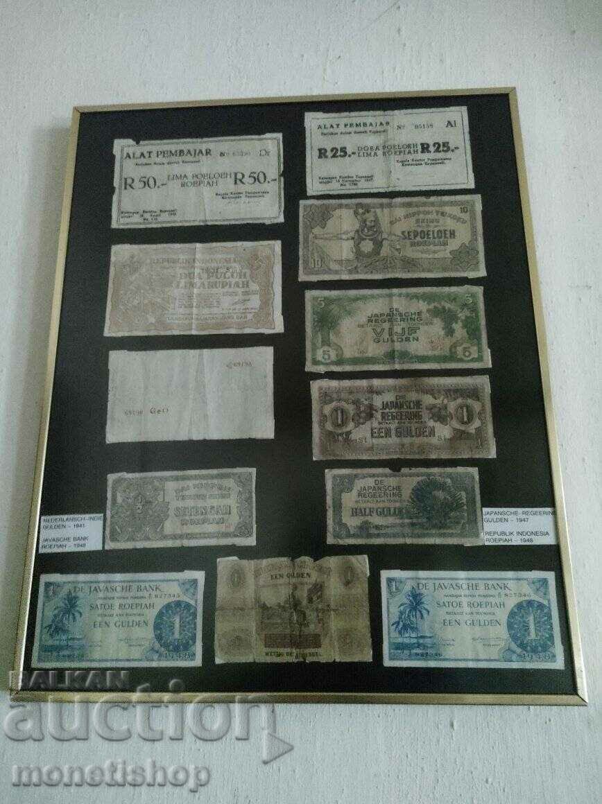 Panel with 12 old banknotes