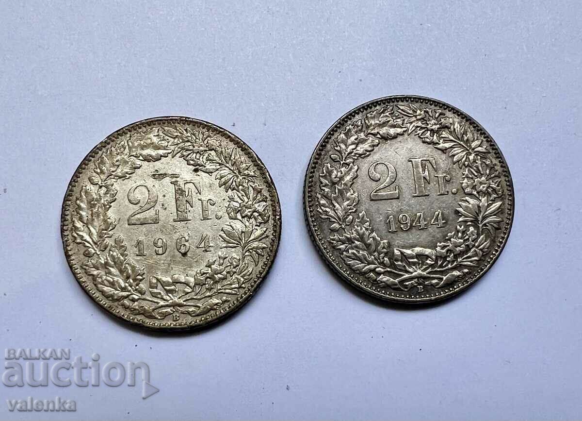 2 buc. Monede de argint Elveția 2 Franci 1944-1964.
