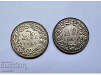 2 pcs. Silver coins Switzerland 2 Francs 1944-1964.