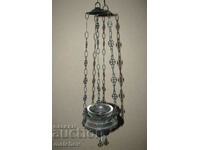 Old patinated brass pendant lamp with cup, excellent