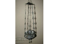 Old patinated brass pendant lamp with cup, excellent