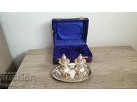 Antique silver plated salt shakers with tray