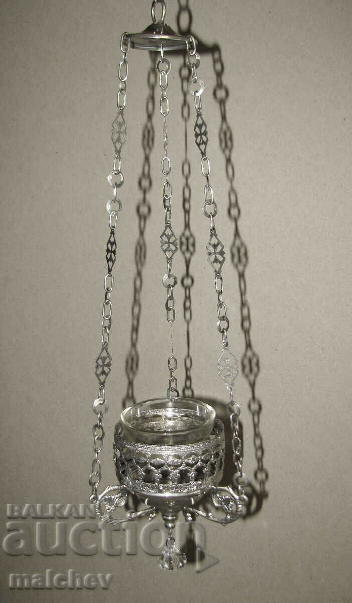 Lampa veche din metal placat cu argint, cu cana, excelenta