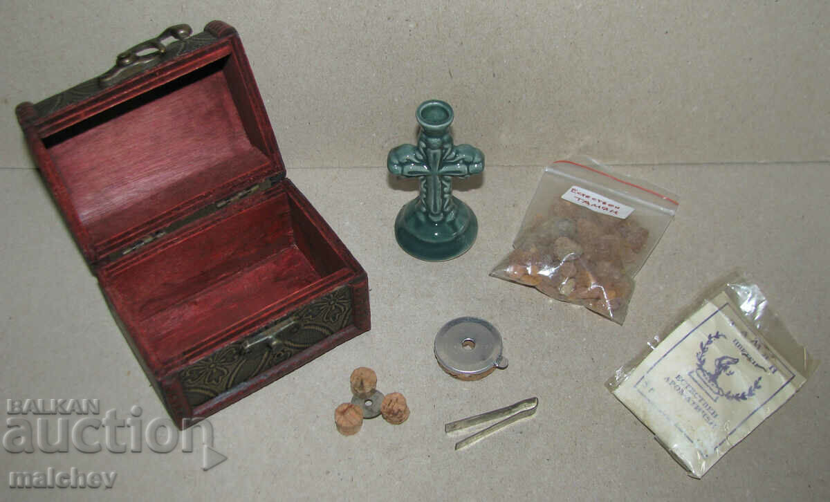 Box with crosses, candle holder, incense, floats for wicks