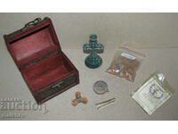 Box with crosses, candle holder, incense, floats for wicks