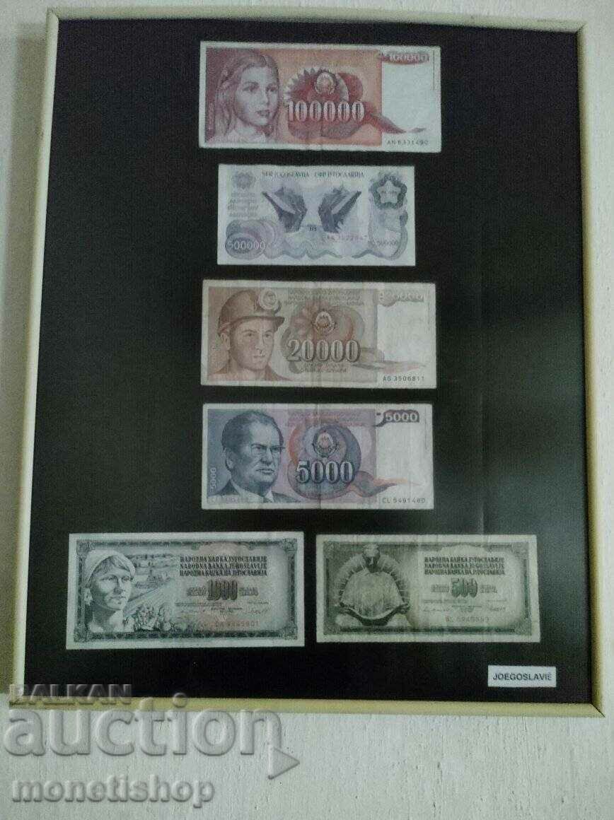Panou cu 6 bancnote vechi din Iugoslavia + 5 BANCNOTE UNC