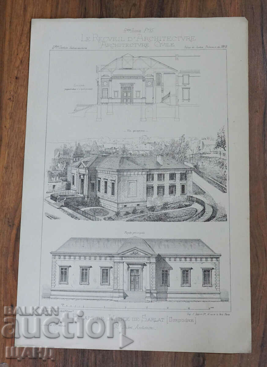 1895 Γαλλία Αρχιτεκτονική λιθογραφία μιας βίλας