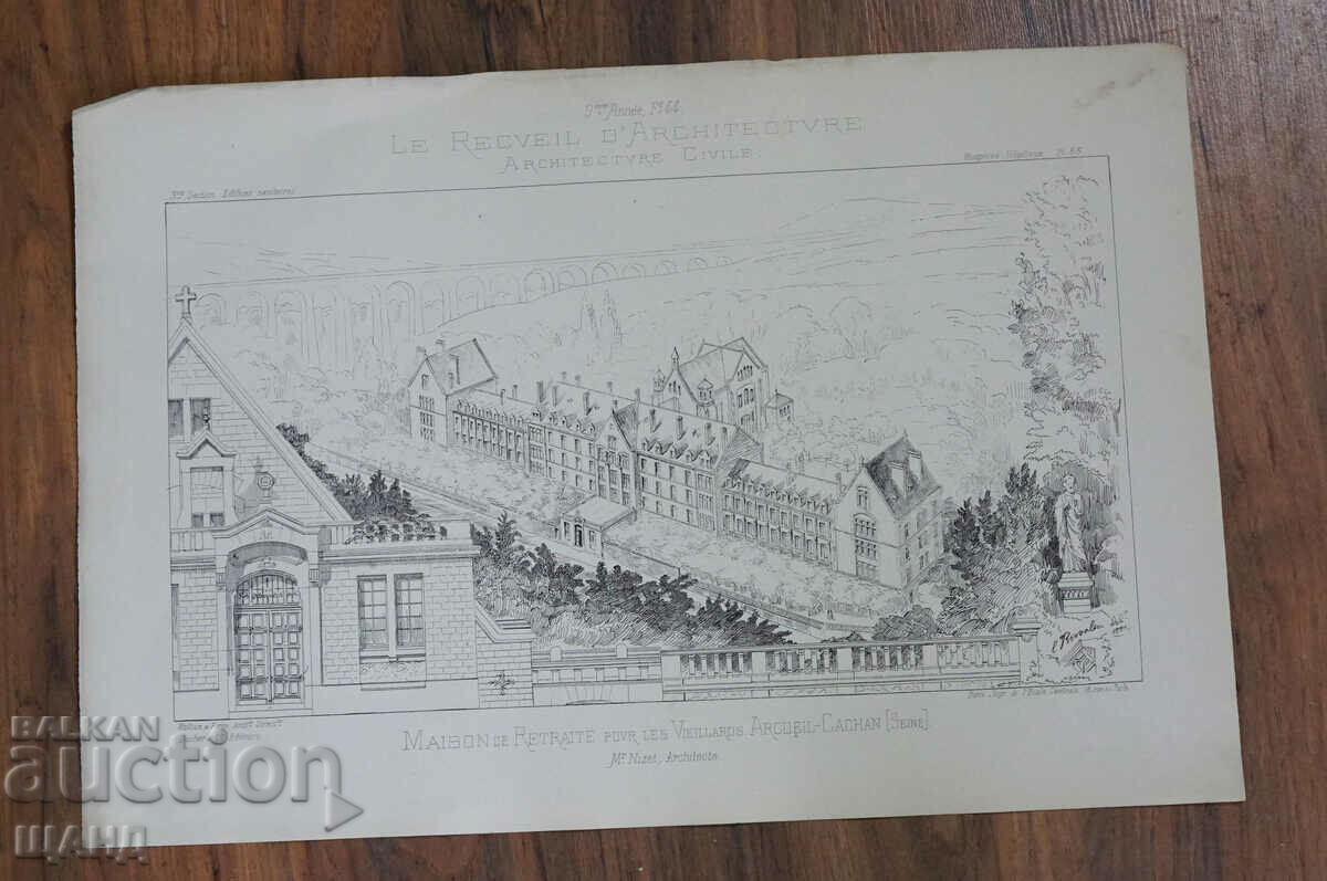 1895 Γαλλία Αρχιτεκτονική λιθογραφία μιας βίλας