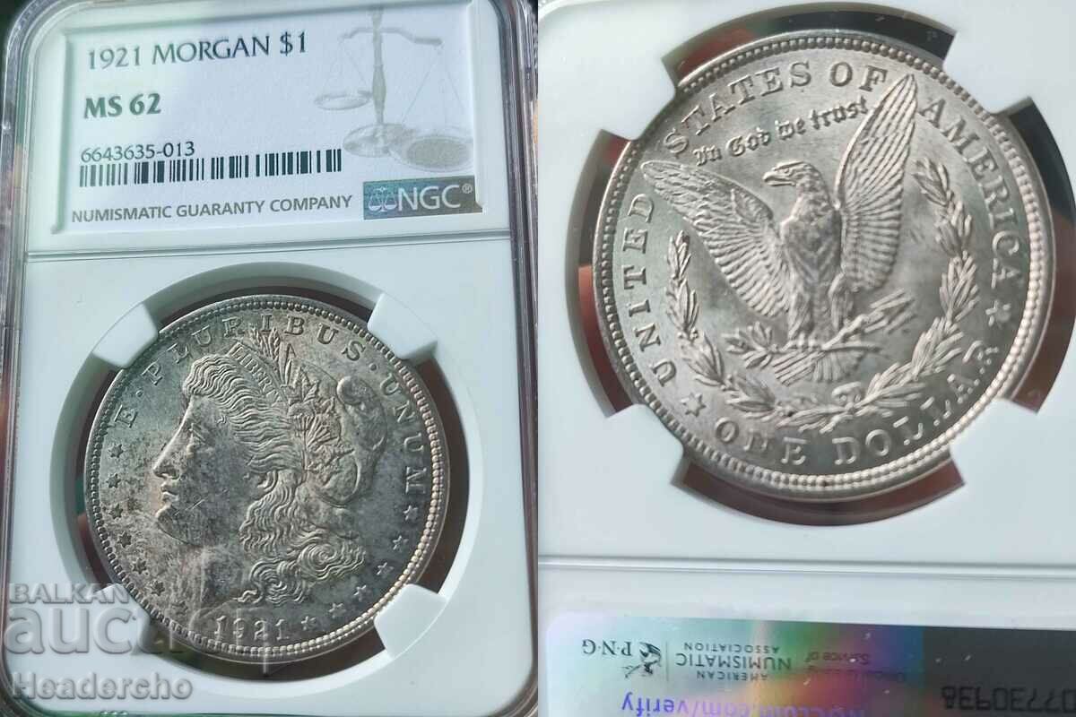 1$ Морган долар 1921 САЩ (сребро) NGC MS 62