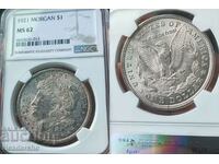 1$ Морган долар 1921 САЩ (сребро) NGC MS 62