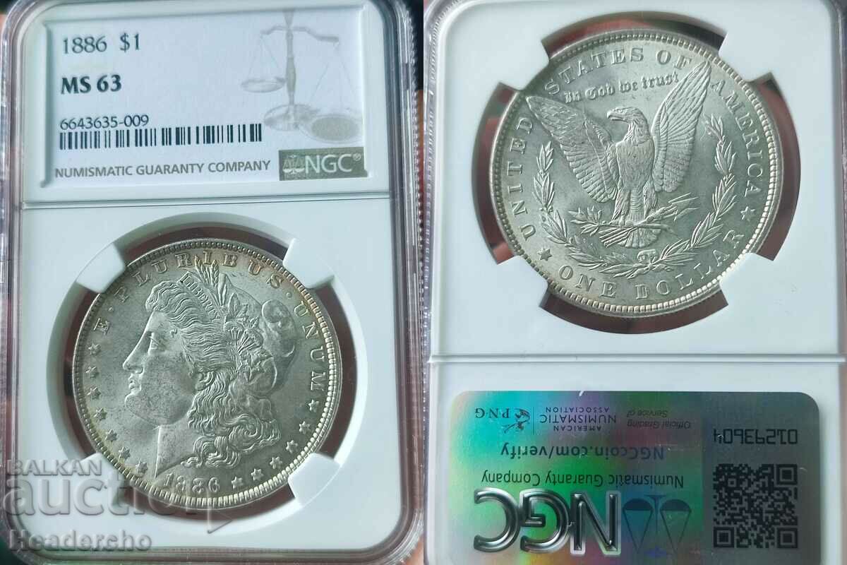 1$ Морган долар 1886 САЩ (сребро) NGC MS 63