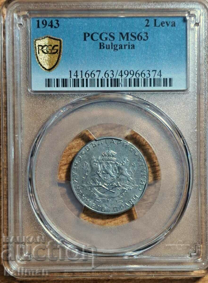 монета 2 лева 1943 г. PCGS   MS 63
