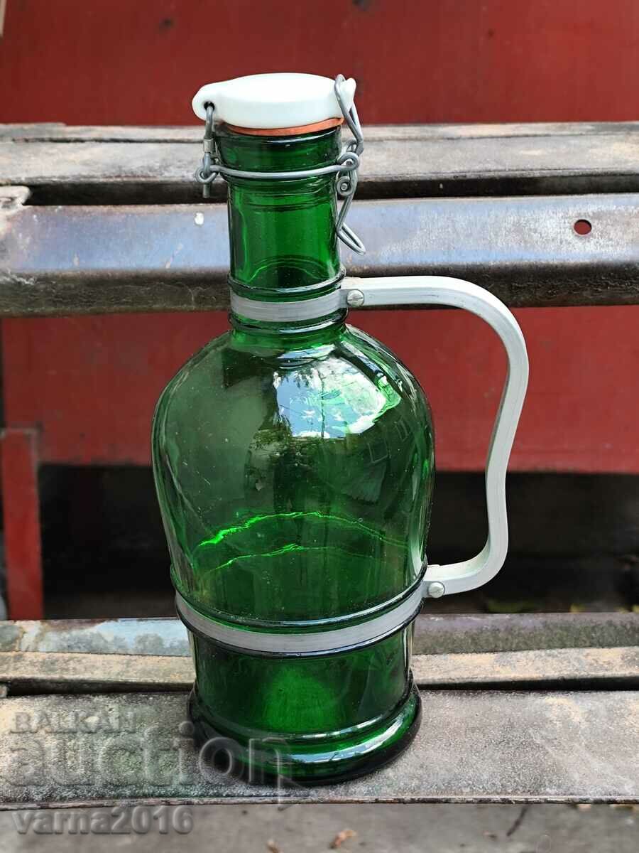 Vintage 2 Liter Green Glass Bottle Metal Handle