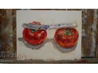Still life oil painting - Two tomatoes with a knife