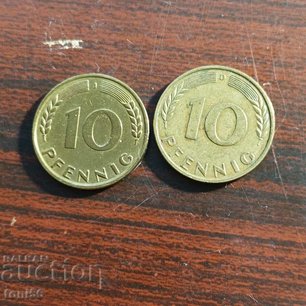 Germania - FRG, 2x10 Pfennig 1950 D și J