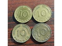 Γερμανία - FRG, 4x10 Pfennig 1949 - όλα τα νομισματοκοπεία