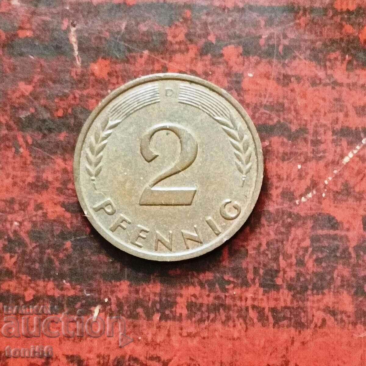 Germany - FRG, 2 Pfennig 1958 D, aUNC