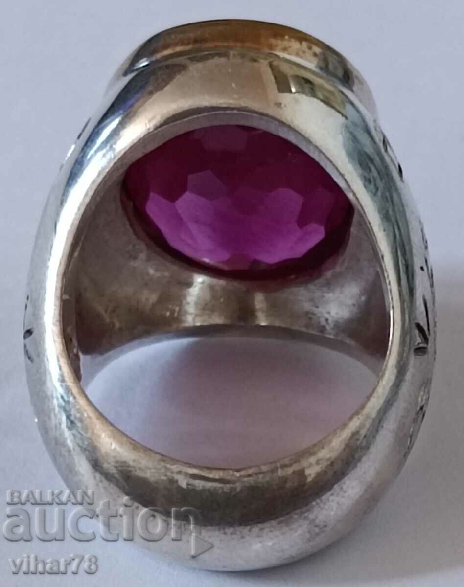MEN'S SOLID OLD SILVER RING WITH RUBY - 6