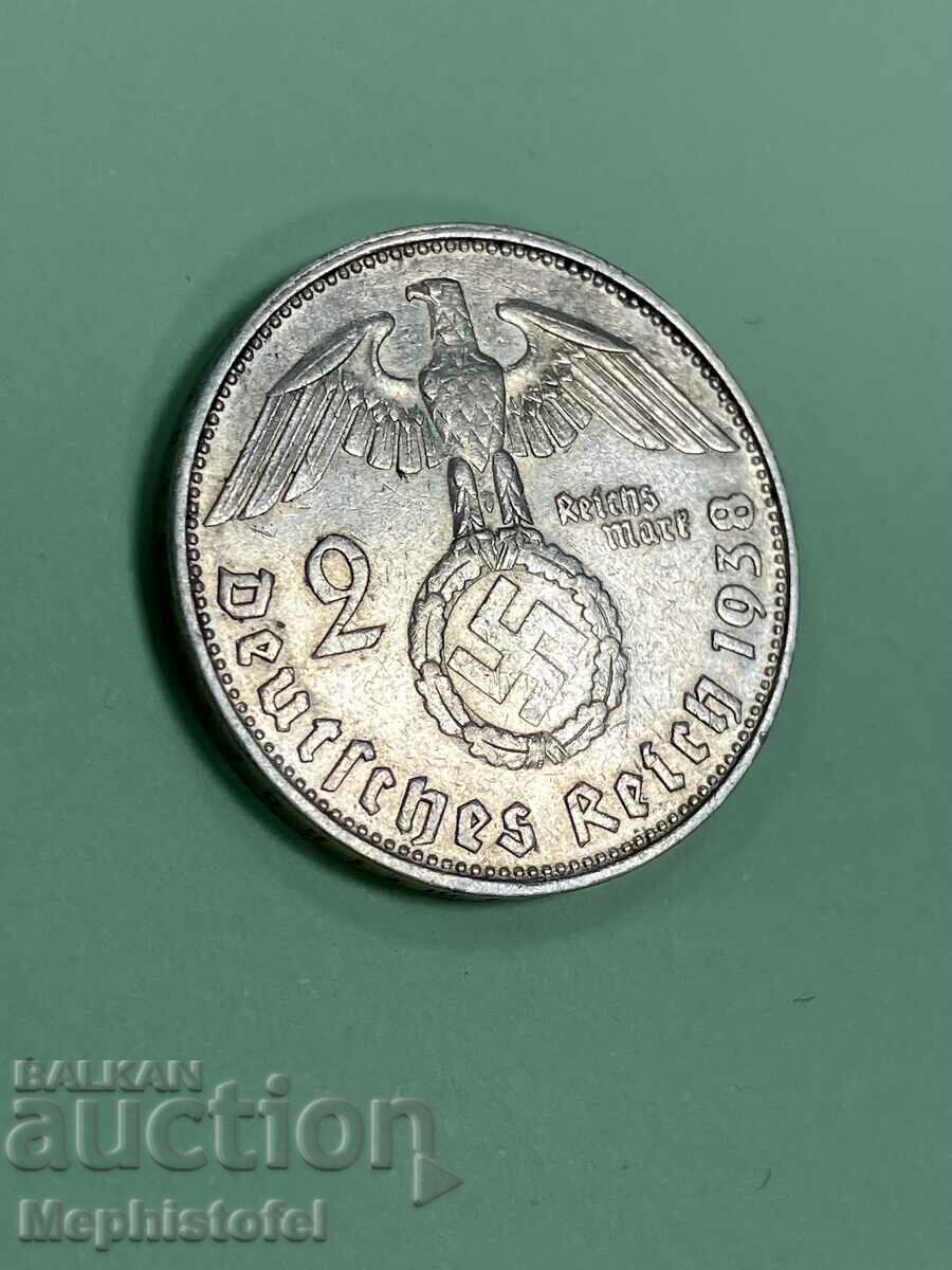 2 райхсмарки 1938 г Е, Германия - сребърна монета