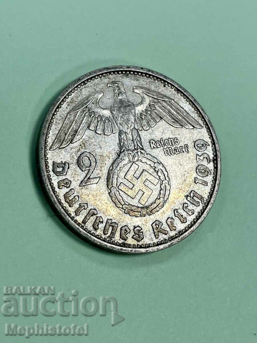 2 Reichsmarks 1939 F, Germania - monedă de argint